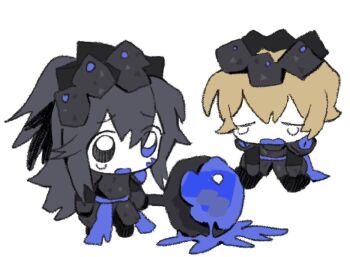 Rule 34 | 2boys, bakori 555, black crown, black hair, blonde hair, blue eyes, blue sash, cavernous wailing (e.g.o), chibi, chibi only, closed eyes, commentary request, crown, crying, e.g.o (project moon), half updo, heterochromia, holding, holding mace, holding weapon, hong lu (project moon), limbus company, long hair, mace, multiple boys, open mouth, project moon, sash, sidelocks, sinclair (project moon), very long hair, weapon