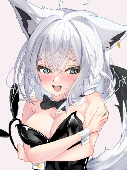 1girl ahoge animal_ear_fluff animal_ear_piercing animal_ears averting_eyes blush bow bowtie braid breasts cleavage commentary_request cuffs embarrassed fox_ears fox_girl fox_tail green_eyes hair_between_eyes highres hololive long_hair medium_breasts open_mouth pentagram playboy_bunny shiki_olie shirakami_fubuki simple_background single_braid solo sweat tail upper_body virtual_youtuber white_background white_hair