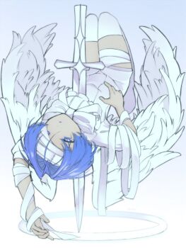 Rule 34 | 1girl, 9 ron23, angel, angel wings, bandage over one eye, bandaged arm, bandaged head, bandaged leg, bandages, blue background, blue eyes, blue hair, bow, bowtie, floating, full body, gradient background, halo, highres, impaled, original, parted lips, romper, short hair, solo, sword, thighhighs, weapon, white bow, white bowtie, white halo, white romper, white thighhighs, white wings, wings