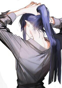 absurdres arms_up blue_hair commentary doku_kobuko facing_away grey_shirt highres long_hair male_focus nagao_kei nagao_kei_(1st_costume) nape nijisanji ponytail shirt simple_background solo symbol-only_commentary tying_hair upper_body virtual_youtuber white_background