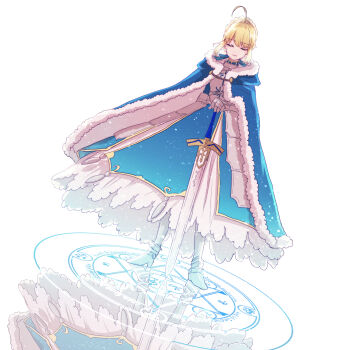 Rule 34 | 1girl, ahoge, alternate legwear, armor, armored dress, artoria pendragon (fate), blonde hair, blue cape, cape, closed eyes, closed mouth, commentary request, dress, excalibur (fate/stay night), fate/stay night, fate (series), fur-trimmed cape, fur trim, gauntlets, high heels, highres, holding, holding weapon, magic circle, on magic circle, reflection, roku (ntbr fate), saber (fate), smile, solo, standing, sword, weapon, white background