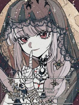 1girl bandaged_hand bandages bare_shoulders black_dress black_veil bracer closed_mouth dress film_grain finger_to_mouth grey_hair hand_up index_finger_raised lace-trimmed_veil lace_trim long_braid looking_at_viewer official_alternate_costume portrait red_eyes reverse:1999 semmelweis_(reverse:1999) semmelweis_(the_wax_and_wane_of_the_heart)_(reverse:1999) sleeveless sleeveless_dress smile solo sparkle veil watermark yellow_background yuzu_(parasitic_910)