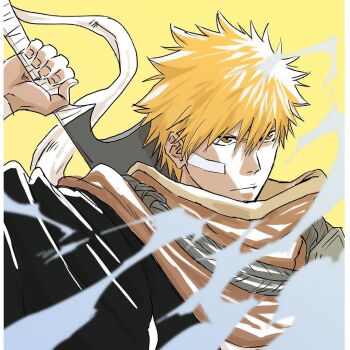 1boy bandaid bandaid_on_cheek bandaid_on_face bleach brown_eyes commentary_request eyebrows_hidden_by_hair holding holding_sword holding_weapon kudou_masashi kurosaki_ichigo male_focus orange_hair portrait serious shihakusho smoke solo sword sword_on_back weapon weapon_on_back zangetsu_(shikai)