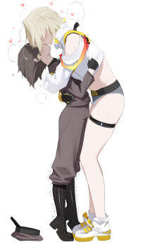 1boy 1girl absurdres black_boots black_hair blonde_hair boots commander_(nikke) commentary elegg_(nikke) french_kiss full_body goddess_of_victory:_nikke heart height_difference hetero highres jacket kiss long_sleeves military_uniform multicolored_hair nikku_nana shoes short_hair short_shorts shorts simple_background standing sweat symbol-only_commentary thigh_strap two-tone_hair white_background white_jacket white_shoes
