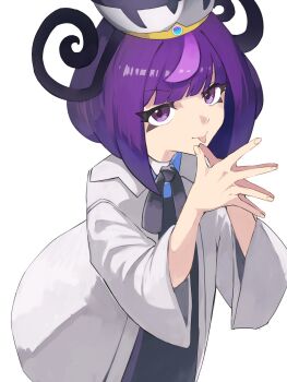 1girl :p black_dress blunt_bangs bob_cut coat dress eyelashes gara_(qbeuxvii22) gwynn_(pokemon) hat highres long_sleeves looking_at_viewer nintendo open_clothes open_coat pokemon pokemon_legends:_z-a purple_eyes purple_hair short_hair solo steepled_fingers tongue tongue_out white_background white_coat