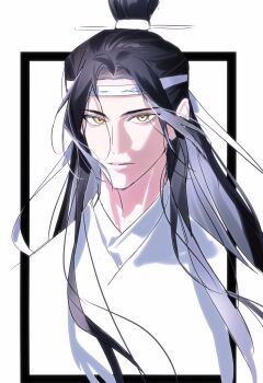 Rule 34 | 1boy, black hair, border, chinese clothes, closed mouth, commentary request, hanfu, headband, highres, inset border, lan wangji, long hair, looking at viewer, loxunzixin31122, male focus, modao zushi, simple background, solo, topknot, upper body, white background, white hanfu, white headband, xiao guan (headdress), yellow eyes