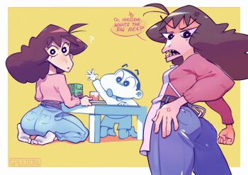 anger_vein apron ass breasts brown_hair butt_crack_outline crayon_shin-chan denim english_text glass hand_on_own_hip jeans juice kneeling long_hair looking_at_viewer looking_back mother_and_child mother_and_son nohara_misae nohara_shinnosuke pants parent_and_child sharp_teeth simple_background small_breasts speech_bubble speedoru table teeth