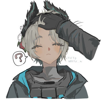 1girl 1other ? arknights black_gloves closed_eyes closed_mouth commentary_request dark-skinned_female dark_skin forehead gloves grey_hair hair_lift hand_on_another's_head head_wings highres holding_another's_hair long_sleeves out_of_frame pov pov_hands raidian_(arknights) romaji_text short_hair simple_background solo_focus soramaru_310 speech_bubble spoken_question_mark upper_body white_background wings