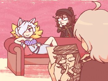 Rule 34 | 3girls, ahoge, animal ears, black coat, blckbrd17, closed mouth, coat, commentary, couch, draw me like one of your french girls (meme), drawing (action), drawing (object), dress, english commentary, fox ears, fox girl, fur collar, genetic (ragnarok online), grey dress, grey hair, hair over one eye, holding, holding pen, long hair, looking at another, meme, messy hair, multiple girls, nose picking, on couch, pen, purple eyes, ragnarok online, rebellion (ragnarok online), reclining, short hair, smile, sorcerer (ragnarok online), strapless, strapless dress, titanic (movie), upper body