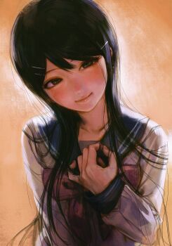 1girl absurdres black_eyes black_hair blue_sailor_collar blush bow bowtie brown_background chinese_commentary closed_mouth commentary_request danganronpa:_trigger_happy_havoc danganronpa_(series) hair_ornament hairclip hand_on_own_chest head_tilt highres long_hair long_sleeves looking_at_viewer maizono_sayaka pink_bow pink_bowtie sailor_collar sailor_shirt seapall shirt simple_background solo straight_hair upper_body very_long_hair white_shirt