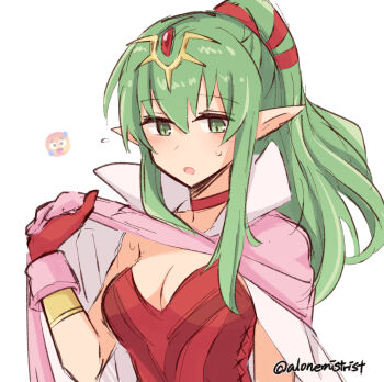1girl :o alonemistrist blush breasts cape choker cleavage commentary dress english_commentary fire_emblem fire_emblem_awakening gloves green_eyes green_hair hair_between_eyes looking_at_viewer nintendo open_mouth pink_cape pointy_ears ponytail red_choker red_dress red_gloves solo sweat tiara tiki_(adult)_(fire_emblem) tiki_(fire_emblem) twitter_username upper_body white_background
