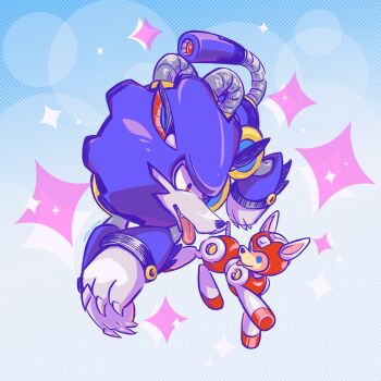 armor blue_background blue_eyes full_body helmet highres laser-lance mega_man_(classic) mega_man_(series) no_humans non-humanoid_robot polka_dot polka_dot_background purple_armor purple_helmet red_armor red_helmet robot robot_animal robot_dog rush_(mega_man) sparkle tongue tongue_out treble_(mega_man)