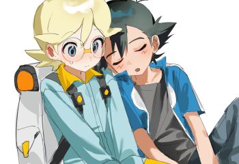 2boys :o absurdres ash_ketchum backpack bag black_hair blonde_hair blue_eyes blue_jacket clemont_(pokemon) closed_eyes commentary_request glasses highres jacket jumpsuit korean_commentary leaning_on_person male_focus multiple_boys nintendo open_clothes open_jacket open_mouth pants pokemon pokemon_(anime) pokemon_xy_(anime) pokesudal round_eyewear shirt short_hair