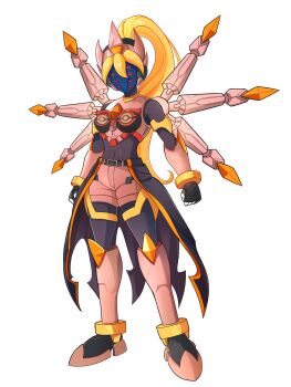 absurdres alternate_costume armor armored_boots belt blonde_hair body_armor bodystocking boots breasts chest_jewel ciel_(mega_man) coattails commission commissioner_upload covered_navel crown extra_eyes forehead_jewel full_body gauntlets gloves highres knee_pads long_hair mask mechanical_ears mechanical_wings mega_man_(series) mega_man_zero_(series) mega_man_zx model_w_(mega_man) non-web_source ponytail red_eyes shorts small_breasts thighs tiara transparent_background uta_guipiy wings