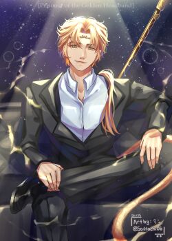 1boy absurdres black_coat blonde_hair character_name coat collared_shirt curtained_hair figure_four_sitting foot_out_of_frame hand_on_own_leg head_tilt headband highres light_rays looking_at_viewer low_ponytail omniscient_reader&#039;s_viewpoint open_clothes open_coat ponytail saihachi06 shirt sitting sky smile solo staff star_(sky) starry_sky sun_wukong_(omniscient_reader&#039;s_viewpoint) weapon weapon_on_back white_shirt yellow_eyes