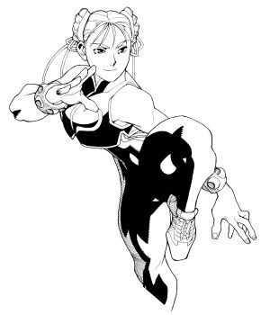Rule 34 | 1girl, bare shoulders, bengus, bodysuit, bracelet, capcom, chun-li, crop top, double bun, fighting stance, game cg, greyscale, hair bun, hair ribbon, highres, jewelry, knee up, monochrome, non-web source, official alternate costume, official art, ribbon, shoes, smile, sneakers, solo, street fighter, street fighter zero (series), studded bracelet, thick thighs, thighs, unitard