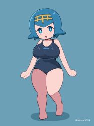 1girl animal_print barefoot blue_background blue_eyes blue_hair blue_one-piece_swimsuit blue_school_swimsuit blush breasts cleavage collarbone fish_print hairband highres lana_(pokemon) large_breasts looking_at_viewer miyazero nintendo one-piece_swimsuit open_mouth oppai_loli pokemon pokemon_sm print_swimsuit school_swimsuit short_hair standing swimsuit wide_hips