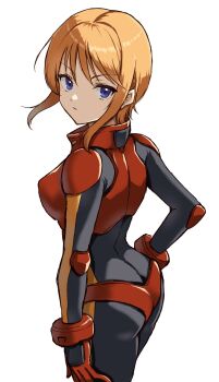 1girl :/ arm_at_side ass black_bodysuit blue_eyes bodysuit breasts closed_mouth commentary cowboy_shot from_side gloves gundam gundam_zz hand_on_own_hip highres looking_at_viewer mecha_pilot_suit medium_breasts mota_saru normal_suit_(gundam) orange_hair puru_two red_gloves short_hair simple_background skin_tight solo standing turning_head white_background