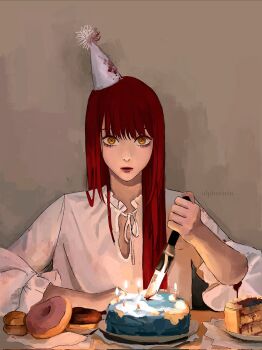 1girl @_@ alpharirin alternate_costume alternate_hairstyle birthday birthday_cake blood blood_on_clothes cake cake_slice candle chainsaw_man dessert donut food hair_down hat highres holding holding_knife knife looking_at_viewer makima_(chainsaw_man) open_mouth parted_lips party party_hat plate red_hair red_lips ringed_eyes shirt sitting solo table white_shirt