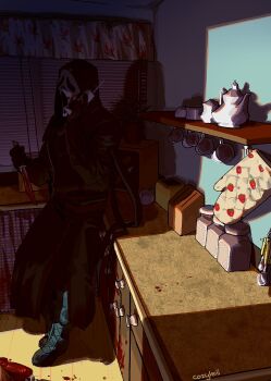 1boy artist_name black_boots black_cloak black_gloves black_pants blood blood_splatter bloody_weapon boots bozo-chan cabinet cloak commentary counter cup curtains danny_johnson dark english_commentary ghostface gloves holding holding_knife holding_phone hood hood_up hooded_cloak indoors jar kitchen kitchen_knife knife male_focus mask microwave oven_mitts pants phone plant potted_plant scream_(movie) shadow shelf solo spoon standing teacup teapot weapon window window_blinds