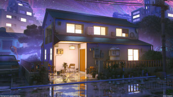 3d building highres night no_humans original outdoors plant potted_plant scenery sitai_xiii utility_pole watermark window