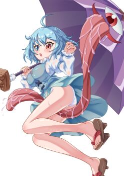 Rule 34 | 1girl, ahoge, blue eyes, blue hair, blue skirt, blue vest, breasts, brown footwear, commentary request, covered erect nipples, cross-laced clothes, geta, heterochromia, highres, holding, holding umbrella, karakasa obake, large breasts, nipples, open mouth, ossannoa, panties, purple umbrella, red eyes, saliva, see-through clothes, shirt, short hair, simple background, skirt, solo, tatara kogasa, tongue, touhou, umbrella, underwear, vest, white background, white panties, white shirt