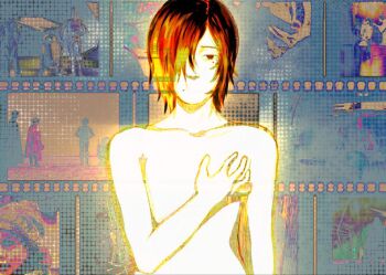 Rule 34 | 1boy, abstract, androgynous, black hair, c-3po, film reel, film strip, fire punch, hair over one eye, hand on own chest, heart4dinn3r, high contrast, movie reference, no mouth, nude, overexposure, princess leia, r2-d2, short hair, star wars, togata (fire punch)