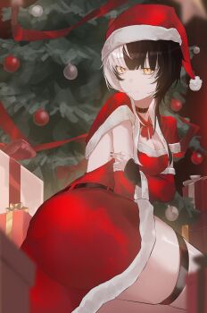1girl absurdres alternate_costume ass belt black_belt black_choker black_hair black_nails box breasts capelet choker christmas christmas_tree cleavage commentary detached_sleeves dot_nose english_commentary from_side fur-trimmed_capelet fur-trimmed_sleeves fur_trim gift gift_box hat highres hololive hololive_english huge_ass indoors kurochanai large_breasts light_smile long_hair looking_at_viewer multicolored_hair nail_polish red_capelet red_hat santa_costume santa_hat shiori_novella sitting star_(symbol) thick_thighs thighhighs thighs two-tone_hair virtual_youtuber white_hair wide_sleeves yellow_eyes
