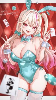 Rule 34 | 1girl, ace (playing card), alternate costume, animal ears, argyle background, blonde hair, blurry, bow, bowtie, breasts, card, cleavage, depth of field, detached collar, double v, facial mark, fake animal ears, fangs, furrowed brow, goddess of victory: nikke, gradient hair, green leotard, hair bow, hair ornament, heart, heart facial mark, highres, jackal (nikke), joker (playing card), kunimoto rikuya, large breasts, leotard, looking at viewer, low twintails, multicolored hair, open mouth, pink hair, playboy bunny, playing card, poker chip, rabbit ears, red eyes, side-tie leotard, side ponytail, skindentation, smile, standing, strapless, strapless leotard, streaked hair, thighhighs, tongue, tongue out, twintails, v, white thighhighs, wrist cuffs