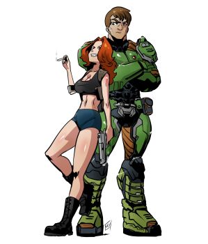 absurdres crash_(quake) crazy_smile day_of_wrath day_of_wrath_(doom_fanfic) day_of_wrath_(infinitypilot) doom_(series) doom_2016 doom_eternal doom_guy doom_slayer doomguy doomslayer highres kukuruyo non-web_source quake_(series) quake_1 quake_3_arena smile soulbreaker soulbreaker_(day_of_wrath) soulbreaker_(doom) soulbreaker_(infinitypilot) sports_bra