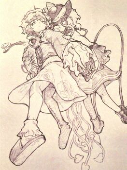 2girls absurdres artist_name back-to-back boots bow buttons closed_mouth commentary_request eyeball floral_print frilled_shirt_collar frilled_sleeves frills from_below hairband hat hat_bow heart_button highres komeiji_koishi komeiji_satori long_hair long_sleeves looking_at_viewer menotama multiple_girls print_skirt ribbon-trimmed_collar ribbon_trim rose_print short_hair siblings signature sisters skirt slippers socks third_eye touhou traditional_media wide_sleeves