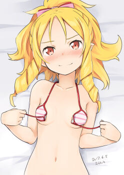 10s 1girl :s artist_name bikini blonde_hair blush breasts brown_eyes dated drill_hair eromanga_sensei errant female_focus front-tie_bikini_top front-tie_top long_hair looking_at_viewer lying navel on_back untied_bikini open_clothes pointy_ears signature small_breasts solo striped_bikini striped_clothes swimsuit twin_drills untied_bikini wavy_mouth yamada_elf