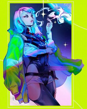 1girl cigarette cyberpunk_(series) cyberpunk:_edgerunners eyeliner holding holding_cigarette lucy_(cyberpunk) makeup multicolored_eyes off-shoulder_jacket off_shoulder red_eyeliner red_lips short_hair smoking solo tholia_bentz