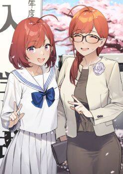 2girls 92m :d absurdres aged_down ahoge bead_necklace beads cherry_blossoms closed_eyes commentary_request flashback flower highres jewelry kinshi_no_ane_(92m) long_hair mature_female mother_and_daughter multiple_girls necklace open_mouth original outdoors petals pink_eyes pleated_skirt red_hair rose sailor_collar sanako_(92m) school_uniform serafuku shirt short_hair skirt smile standing v white_flower white_rose white_sailor_collar white_shirt white_skirt