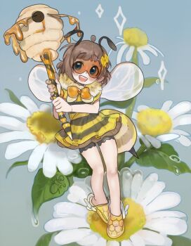 1girl artist_name bare_ankles bee_costume black_spats blue_background child cosplay crocs dandelion flower girutea highres holding holding_staff indie_virtual_youtuber lily_hopkins shoes solo staff standing virtual_youtuber yellow_shoes