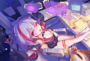1girl absurdres arm_up bare_shoulders black_gloves black_sleeves breasts calculator chair cleavage cleavage_cutout clothing_cutout collared_shirt commentary computer cup detached_sleeves english_commentary feet_on_table from_above gloves grey_hair hair_ornament hand_up highres holographic_interface honkai:_star_rail honkai_(series) laptop large_breasts long_sleeves looking_at_viewer looking_up multicolored_hair one_eye_closed paper purple_eyes red_hair samyo shirt short_hair shorts solo streaked_hair table thigh_strap topaz_(honkai:_star_rail) white_hair white_shirt yawning