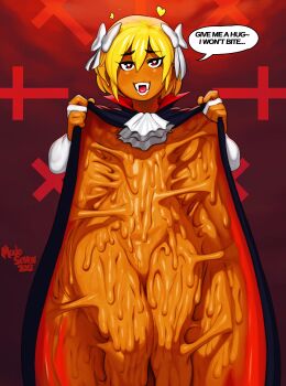 1girl 2018 ami_dixie artist_name ascot black_cape blonde_hair bow cape colored_skin dated fangs hair_between_eyes hair_bow heart heart-shaped_pupils highres long_sleeves modeseven monster_girl multiple_hair_bows orange_skin original short_hair slime_(substance) slime_girl sticky symbol-shaped_pupils vampire vampire_costume white_sleeves