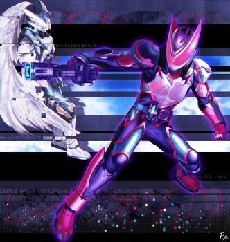2boys absurdres angel_and_devil angel_wings armor battle belt blue_armor blue_background blue_bodysuit blue_headwear bodysuit brothers commentary darkness demon distortion fighting fingernails flying giffard_rex giffard_rex_vistamp gloves glowing glowing_eyes gun helmet highres holy_live kamen_rider kamen_rider_live kamen_rider_revi kamen_rider_revice kamen_rider_ultimate_revi light livegun male_focus multicolored_gloves multiple_boys official_alternate_costume pink_armor pink_eyes pink_gloves reiei_8 revice_driver shaded_face shadow sharp_fingernails sharp_teeth shoulder_armor siblings signature standing tail teeth tokusatsu two_sidriver tyrannosaurus_rex visor visor_(armor) weapon white_eyes white_wings wing_genome wings