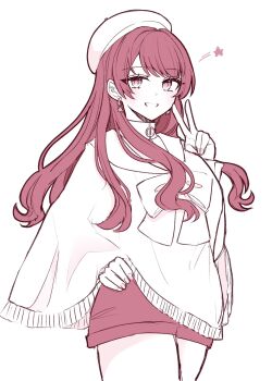 Rule 34 | 1girl, beret, bow, earrings, grin, hand on own hip, hat, highres, jewelry, kantai collection, long hair, long sleeves, looking at viewer, monochrome, nagi kantai114, nevada (kancolle), nevada (willer) (kancolle), red theme, shawl, simple background, skirt, smile, solo, star (symbol), star earrings, v