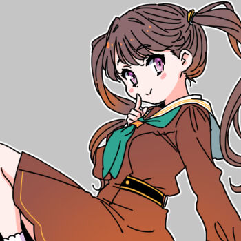 Rule 34 | 1girl, blush stickers, breasts, brown dress, commentary request, dress, fujishima megumi, green neckerchief, grey background, hasu no sora school uniform, index finger raised, link! like! love live!, lone nape hair, long sleeves, looking at viewer, love live!, medium breasts, medium dress, neckerchief, on your mark (love live!), outline, pleated dress, purple eyes, sailor collar, sailor dress, school uniform, shinanoya (satanicad), simple background, solo, virtual youtuber, white outline, white sailor collar, winter uniform