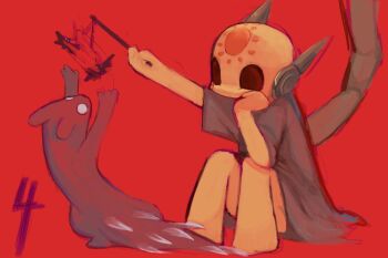 1other alternate_fur_color animal artist_name barefoot bat_(animal) brown_eyes brown_tunic cat_teaser circle_facial_mark colored_skin commentary creature english_commentary facial_mark forehead_mark hand_on_own_cheek hand_on_own_face hands_up highres holding holding_stick humanoid_robot iterator_(rain_world) markings material_growth monster no_mouth no_nose rain_world red_background red_fur robot robot_ears seven_red_suns signature slugcat spearmaster_(rain_world) stick tunic wide-eyed yellow_skin