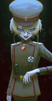 1girl belt blonde_hair blue_eyes brown_belt buttons chromatic_aberration commentary_request cowboy_shot cross crossed_bangs dark_background empty_eyes eyelashes fingernails gem goodnightsleepzzz green_background green_hat green_jacket green_pants hair_between_eyes half-closed_eyes hand_up hat high_ponytail highres iron_cross jacket jewelry lips long_hair long_hair_between_eyes long_sleeves looking_at_viewer mandarin_collar medal military military_hat military_jacket military_uniform pants peaked_cap pendant ponytail red_background red_gemstone sidelocks solo standing tanya_degurechaff teeth two-tone_background youjo_senki