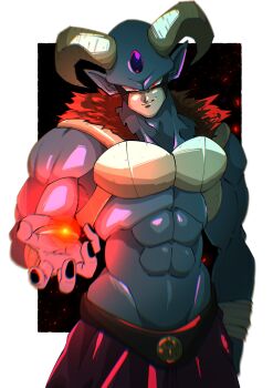 Rule 34 | 1boy, black background, blue skin, border, colored skin, commentary request, cowboy shot, dragon ball, dragon ball super, energy ball, forehead jewel, highres, horns, moro (dragon ball), muscular, muscular male, pointy ears, solo, stktik09060906, white border