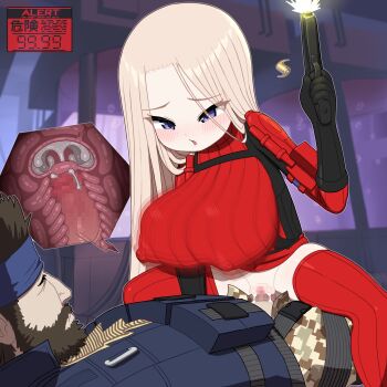 1boy 1girl assertive_female blonde_hair blue_eyes blush bottomless bouncing_breasts breasts cowgirl_position cromachina cum cum_in_pussy ejaculation female_pervert femdom gloves gun handgun huge_breasts loli metal_gear_(series) metal_gear_acid metal_gear_acid_2 oppai_loli penis pervert pussy rape role_reversal sex size_difference sleeping spread_legs squatting straddling thighhighs vaginal venus_(mga) weapon x-ray