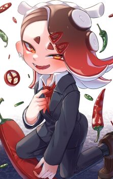 Rule 34 | 1girl, adjusting clothes, adjusting necktie, alternate costume, amakusa setoka, blush, chili pepper, earrings, formal clothes, full body, grin, hair ornament, hairclip, jalapeno pepper, jewelry, kneeling, licking, looking at viewer, necktie, nintendo, octoling, pillow, red eyes, red hair, shiver (splatoon), shoes, smile, socks, solo, splatoon (series), splatoon 3, suit, tentacle hair, tongue, tongue out