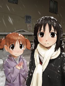 2girls absurdres alternate_costume azumanga_daiou black_hair brown_eyes child coat cold commentary english_commentary highres husbant_(meme) jacket kasuga_ayumu liamickpie looking_at_viewer meme mihama_chiyo multiple_girls orange_hair outdoors parody purple_jacket scarf snowing twintails upper_body white_scarf