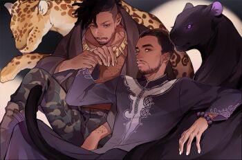 Rule 34 | 2boys, animal, animal ears, animal nose, bead bracelet, beads, belt, black hair, black panther (movie), black panther (series), black robe, black shirt, boots, bracelet, brown belt, brown eyes, brown footwear, camouflage, chinese commentary, closed mouth, collarbone, commentary request, dark-skinned male, dark skin, facial hair, fingernails, gold necklace, green pants, hand up, jewelry, killmonger, kottie, leopard, leopard ears, leopard tail, long sleeves, looking at viewer, male focus, mandarin collar, marvel, marvel, multiple boys, necklace, open clothes, open robe, panther, panther ears, panther tail, pants, purple pants, robe, shirt, short hair, sitting, t'challa, tail, wide sleeves