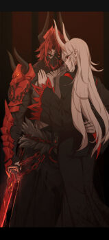 1boy 1girl adam_taurus animal_ears arm_guards black_dress black_gloves black_hair black_legwear black_sclera breasts bull colored_sclera colored_skin dishwasher1910 dress facial_mark fingerless_gloves gloves grimm_(rwby) highres horns long_hair looking_at_viewer mouth_guard red_eyes red_hair rwby salem_(rwby) smile sword veins weapon white_hair white_skin wilt_and_blush