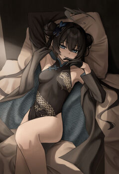 1girl absurdres bare_shoulders black_dress black_gloves black_hair black_jacket blue_archive blue_eyes blush breasts butterfly_hair_ornament china_dress chinese_clothes closed_mouth commentary_request doumu_(31678316) dragon_print dress gloves grey_halo hair_between_eyes hair_ornament halo highres jacket kisaki_(blue_archive) long_hair looking_at_viewer lying on_back on_bed open_clothes open_jacket pelvic_curtain sidelocks sleeveless sleeveless_dress smile solo twintails
