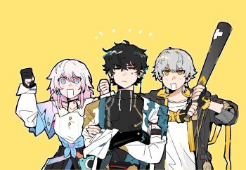 1girl 2boys arm_ribbon armor arms_up baseball_bat belt black_belt black_choker black_coat black_gloves black_hair black_shirt blue_belt blue_eyes blue_jacket blush breasts buttons caelus_(honkai:_star_rail) camera chinese_clothes choker clenched_hands closed_eyes closed_mouth clothes_around_waist coat collarbone collared_shirt commentary constellation_print covered_collarbone crossed_arms dairyexpir6767 dan_heng_(honkai:_star_rail) dan_heng_(hunt)_(honkai:_star_rail) earclip earrings english_commentary eyeliner fingerless_gloves gloves grey_hair hair_between_eyes hands_up highres holding holding_baseball_bat honkai:_star_rail honkai_(series) hood hooded_coat jacket jewelry lapels long_sleeves makeup march_7th_(honkai:_star_rail) march_7th_(preservation)_(honkai:_star_rail) medium_breasts multicolored_eyes multiple_boys notice_lines open_clothes open_jacket open_mouth partially_fingerless_gloves pink_eyes pink_hair pocket_watch red_eyeliner ribbon shirt short_hair shoulder_armor sidelocks simple_background single_earring single_glove smile sweatdrop t-shirt tied_jacket trailblazer_(honkai:_star_rail) two-sided_coat two-sided_fabric upper_body v-shaped_eyebrows watch white_coat white_shirt yellow_background yellow_coat yellow_eyes zipper